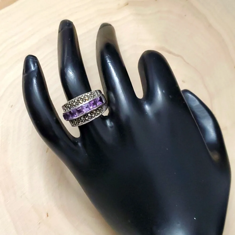 Sterling Silver 925 Twilight Majesty Amethyst and Marcasite Ring